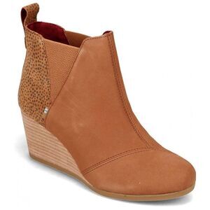 New TOMS Desert Tan Leopard Suede Kelsy Bootie 10014153 Wedge Comfort Sz 10